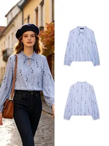 Zoete Lange Mouwen Geborduurd Overhemd Dames Lichtblauw Bloemenprint Kraag met Ruches Knoopsluiting Strikkraag Blouse Dames