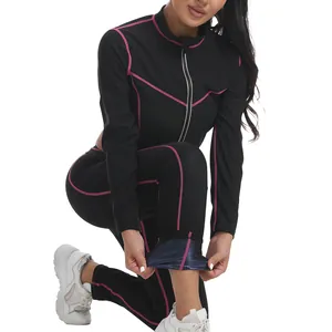 Ensemble de costume de sauna noir pour femmes avec lignes roses pour le fitness.