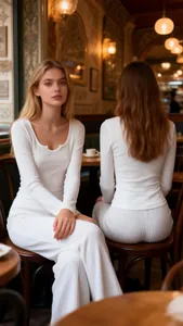 Detailed front and back view of a slim-fit white long-sleeved T-shirt in a cafe setting