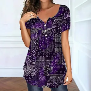 Elegant purple paisley print women's t-shirt with casual V-neck and button details