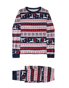 Cozy two-piece Christmas family pajama set with navy reindeer and heart patterns