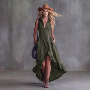 Vintage olive green sleeveless dress with zipper and ruffled high-low hemline on model.
