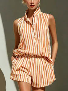 Damen Gestreiftes Ärmelloses Weste und Shorts Set V-Ausschnitt Casual Sommerurlaub Strandbekleidung Polyester Outfit