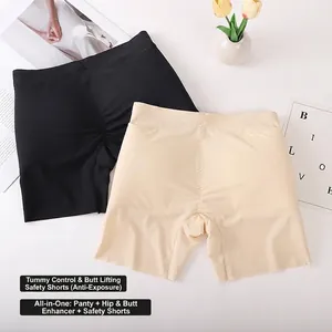 Seamless padded hip enhancer and tummy control safety shorts in black and beige.