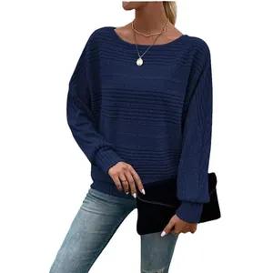 Casual navy blue ribbed knit long sleeve sweater for women, round neck autumn top