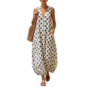 Retro gepunktetes ärmelloses Kleid mit V-Ausschnitt, lockerer Passform und Taschen
