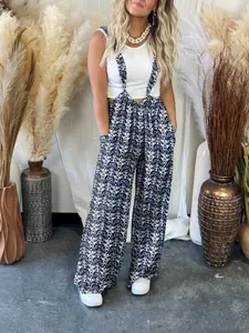 Bohemian style floor-length printed wide-leg jumpsuit for casual temperament commute