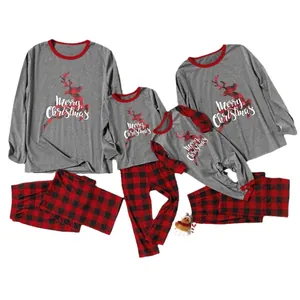 Matching Family Christmas Pajamas Set with Reindeer Print and Buffalo Plaid Pants