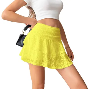 Sexy vibrant yellow lace tiered cake mini skirt for women's trendy summer fashion style