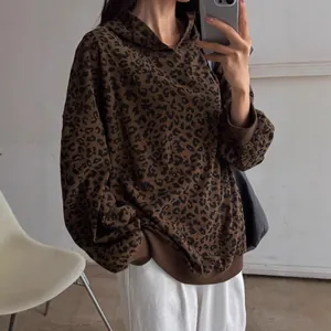 Stylish women's vintage leopard print corduroy hoodie featuring a loose American high-street fit
