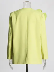 Elegant back view of lime green women blazer with 3D floral pleated shoulder detail