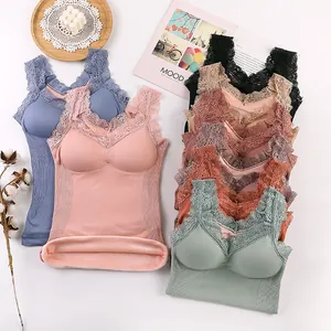 Women Seamless Lace V-Neck Fleece Lined Thermal Vest Built-in Chest Pad Slimming Camisole Nylon Warm Inner Base Layer Top