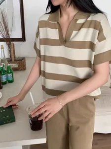 Detailed view of a Korean style striped polo knit top and matching wide-leg pants set
