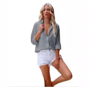 Camisa informal de algodón y lino gris de manga larga para mujer con cuello de solapa