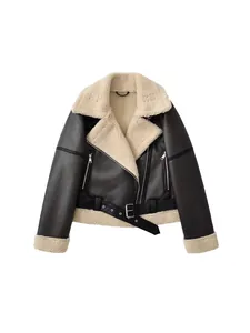Stylish women's oversized black faux leather biker jacket with warm cream shearling lining.