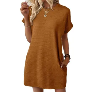 Women's loose brown round neck short sleeve textured dress with convenient side pockets
