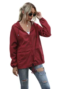 Lightweight wine red women's zip-up hooded rain jacket for outdoor hiking and travel