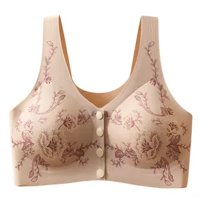 New Chinese style front-closure wireless bra with elegant floral print and push-up support