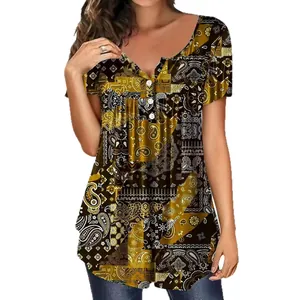 Women's V-neck paisley print top with button detail and loose fit summer style