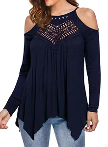 Close-up detail of navy blue cold shoulder top with intricate crochet lace neckline.