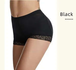 Detail of black hip enhancing padded shapewear shorts featuring delicate lace trim