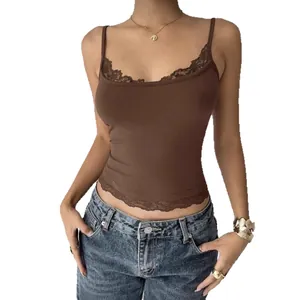 Elegant slim fit brown camisole featuring delicate lace trim for women, minimalist style