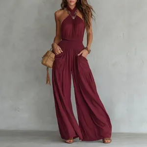 Elegant Bohemian burgundy backless sleeveless wide-leg jumpsuit with shirring and pockets