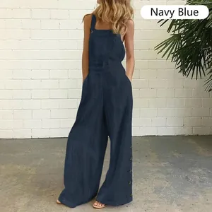Detailed view of navy blue wide leg sleeveless jumpsuit with side button accents