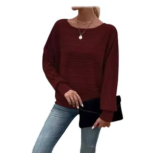 Elegant burgundy long sleeve crewneck knit sweater top with ribbed texture for autumn