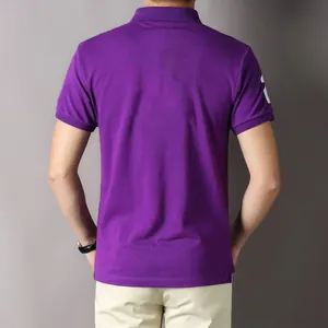 Back view of men's casual purple cotton polo shirt featuring white sleeve embroidery