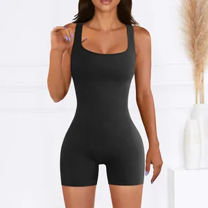 Front view of black seamless ribbed jumpsuit showing bodycon fit and square neckline.