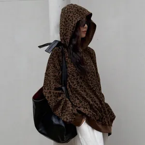 Vintage leopard print corduroy oversized hoodie for women in streetwear style