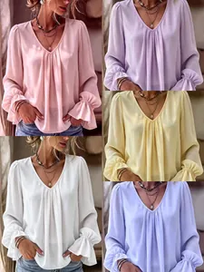 Women Elegant V Neck Pleated Long Sleeve Blouse Loose Solid Color Ruffle Cuff Polyester Commuter Shirt Top