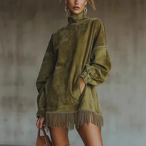 Damen Retro Stehkragen Wildleder Quasten Kleid Lockere Passform Langarm Einfarbig Mini A-Linien Kleid Mit Taschen Bohemian Stil