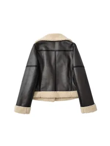 Women's black faux leather biker jacket with cream sherpa lining, back view display