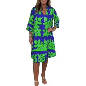 Elegantes Boho-Midikleid mit V-Ausschnitt und Blumenmuster, Dreiviertelärmel für Damen