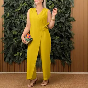 Combinaison sans manches jaune chic à col en V avec élégant nœud latéral pour femme