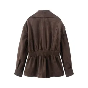 Detailed back view of a retro brown suede peplum jacket with cinched elastic waist