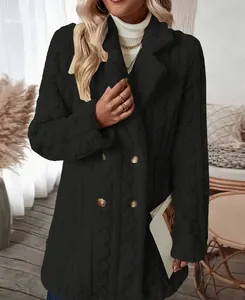 Détail d'un manteau en peluche noir pour femme avec des boutons dorés à double boutonnage.