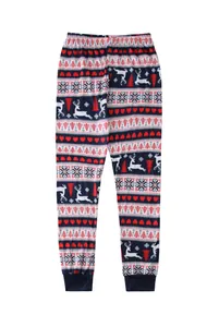Detail of Christmas themed family pajama pants with reindeer and tree print patterns