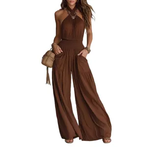 Bohemian brown halter neck sleeveless wide leg jumpsuit with pockets for women's summer wear