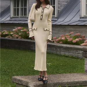 French Style Ruffle Knit Maxi Dress Contrast Trim Lapel Slim Fit Long Sleeve Ribbed Knitted Sweater Dress For Women Autumn