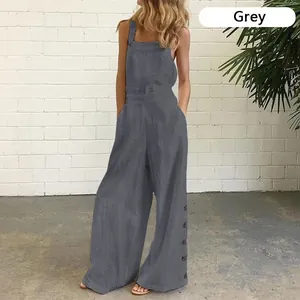 Close-up detail of a grey casual sleeveless wide-leg jumpsuit featuring side button accents