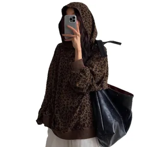 Vintage leopard print corduroy hoodie for women, oversized casual high street style