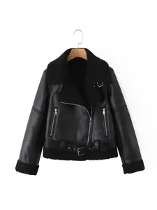Chic women's faux shearling biker jacket in black featuring a classic belted waist design.
