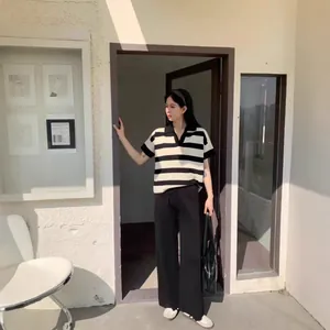 Korean Style Striped Knitted Top And Bottom Set For Women Polo Neck Casual Matching Long Sleeve Top And Wide Leg Pants
