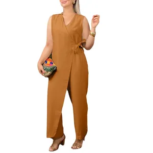 Combinaison pantalon élégante sans manches à col en V avec nœud à la taille pour femme