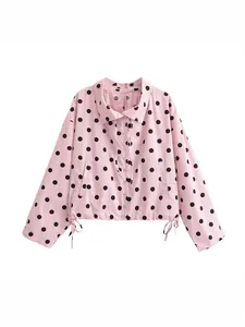 Fashionable pink polka dot jacket for women with drawstring hem and stand collar design