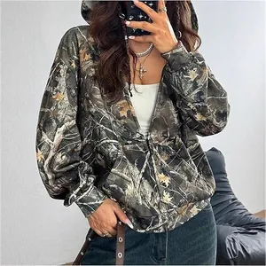 Dames Casual Camouflage Print Hoodie Lange Mouw Volledige Rits Sweatshirt Jas Met Capuchon Top Voor Herfst Winter