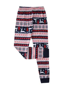 Detailed view of Christmas elk and heart patterned pajama pants for family set